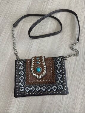 Brown and Turquoise Embellished Western Crossbody Bag